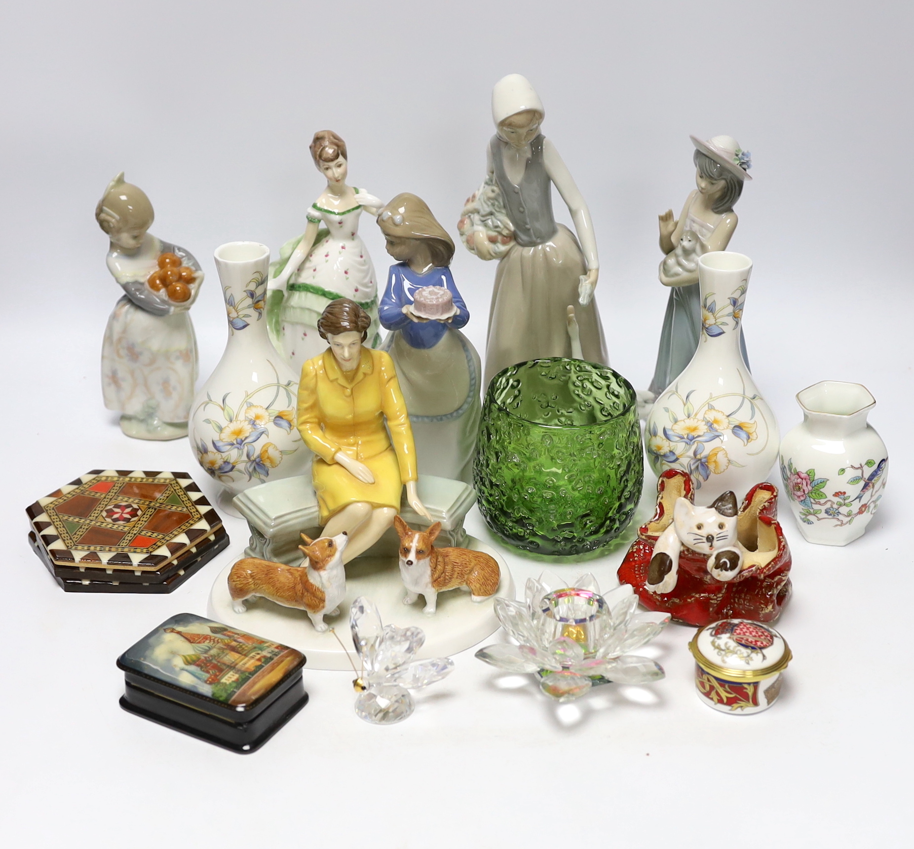 A quantity of various ceramics, glass and collectables including Aynsley, Doulton, Lladro, Nao etc, largest 24cm high